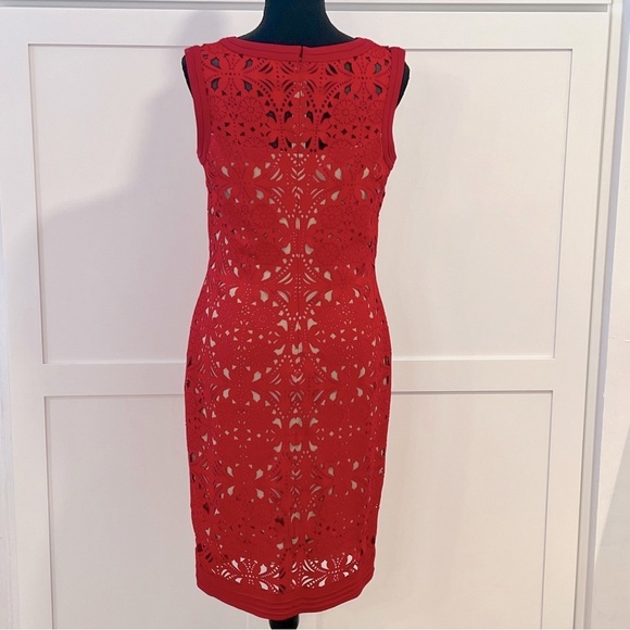 Tadashi Shoji Dresses & Skirts - Tadashi Shoji Red Laser Cut Suede Sheath Knee Length Dress Size medium